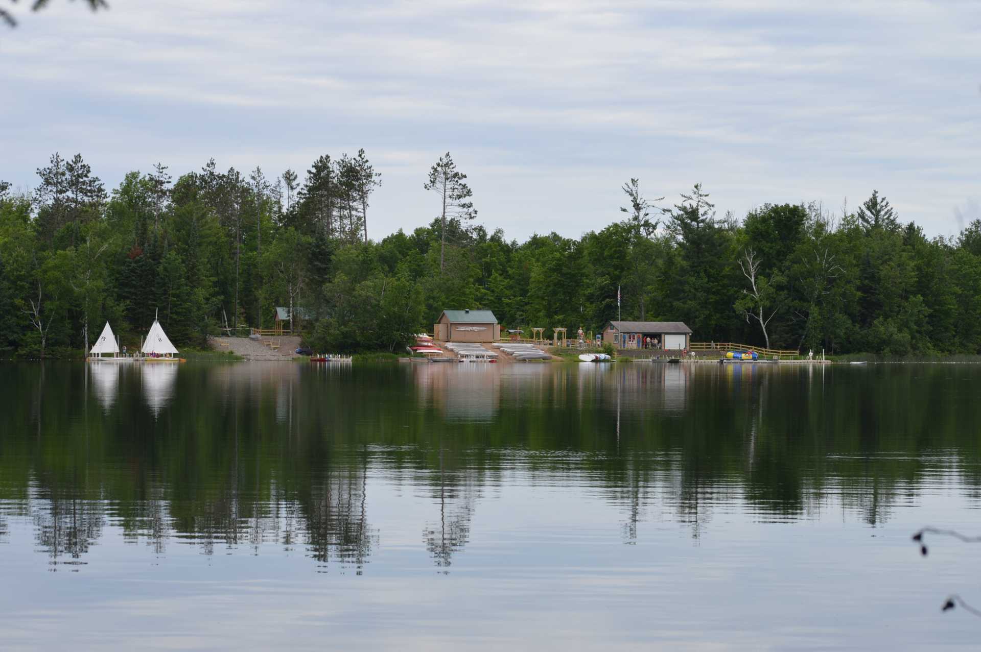 A wide shot of the lake taken from the shore.